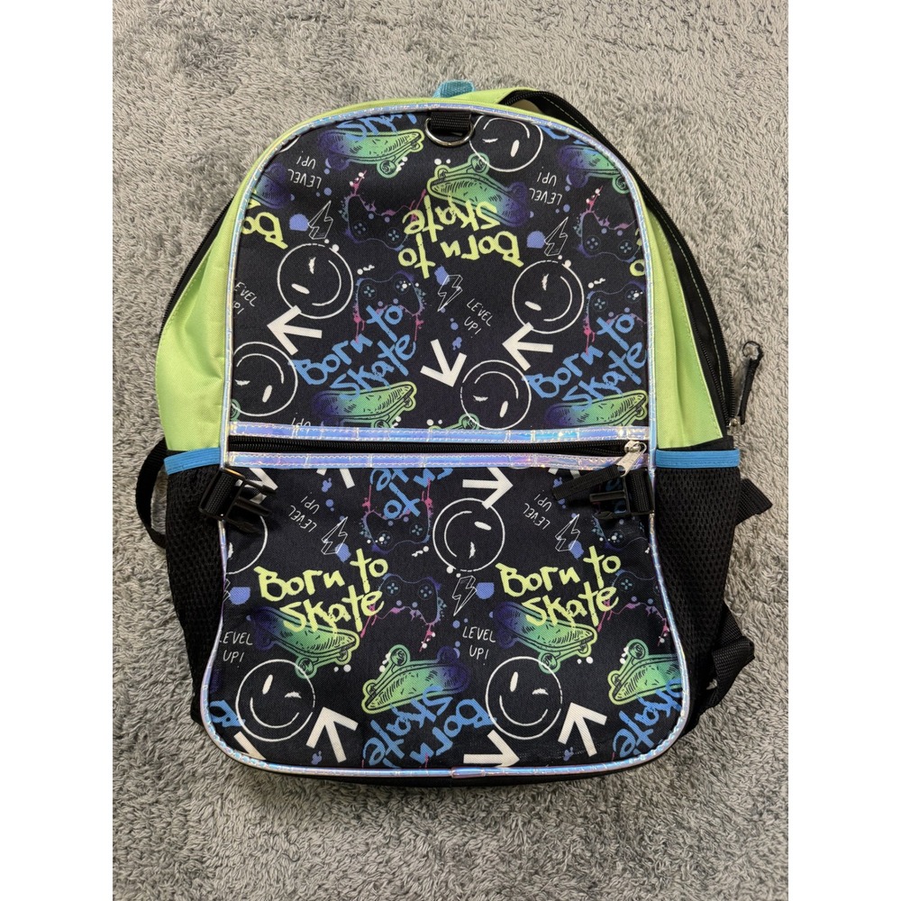 Unbranded Boys Born To Skate Backpack Medium Black Neon Green Gamer Graphics